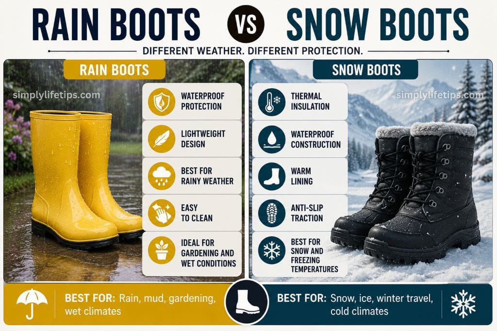 Types of Boots Explained For Students 6 Rain boots versus snow boots comparison showing waterproof features, insulation, traction, and ideal weather conditions.