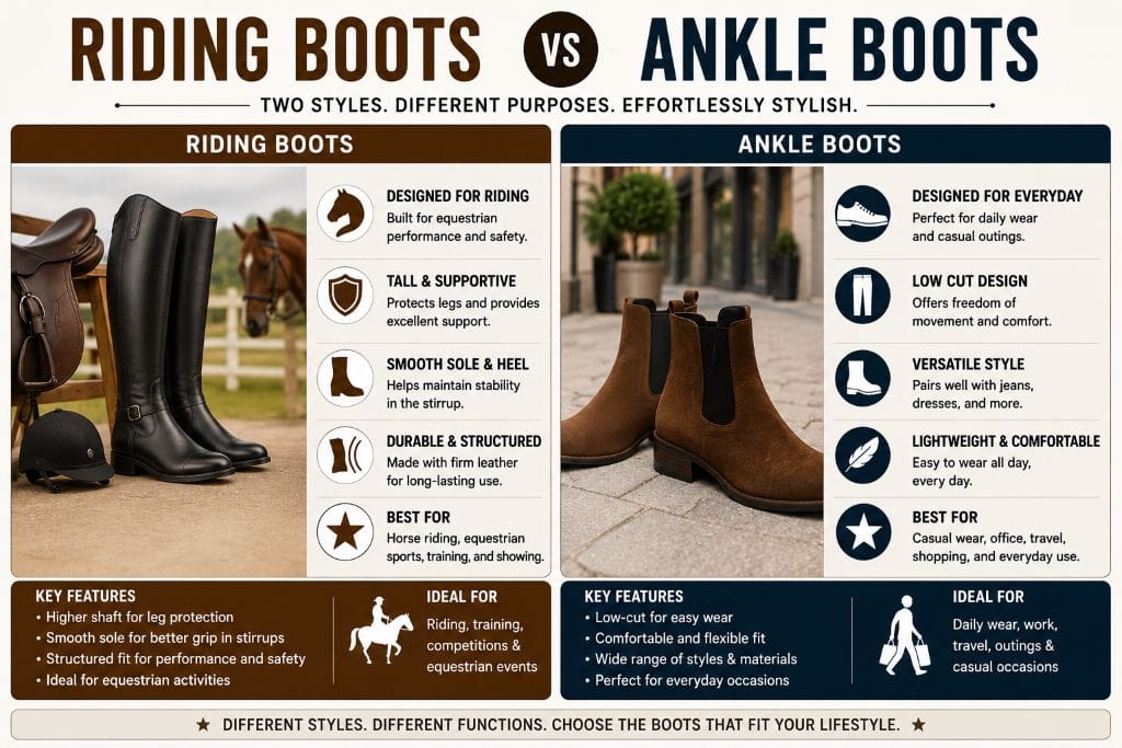 Types of Boots Explained For Students 7 Comparison of riding boots and ankle boots showing their features, benefits, ideal uses, and design differences.