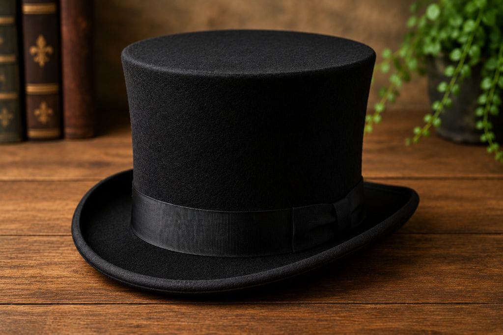 Different Types of Hats: History, Styles, and Uses 8 Traditional black Top Hat with a tall crown and flat top displayed on a wooden table