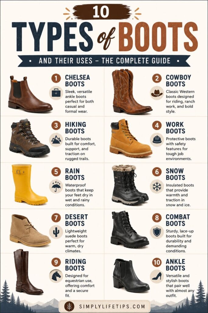 Types of Boots Explained For Students 3 Pinterest infographic showing 10 types of boots and their uses, including Chelsea boots, cowboy boots, hiking boots, work boots, rain boots, snow boots, desert boots, combat boots, riding boots, and ankle boots.