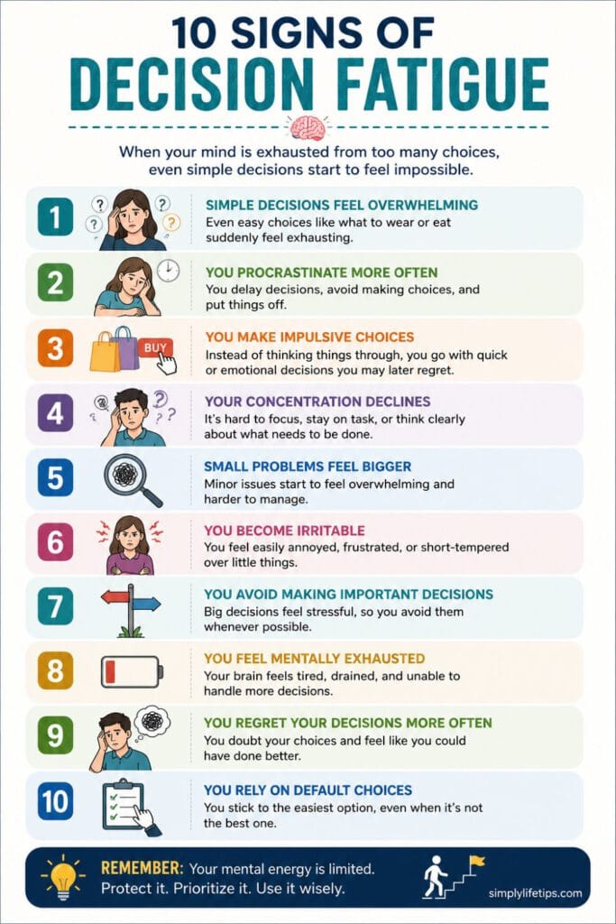 Decision Fatigue: Signs, Causes, and Simple Ways to Overcome It 4 Infographic showing the 10 common signs of decision fatigue, including mental exhaustion, procrastination, poor concentration, impulsive decisions, and difficulty making simple choices.