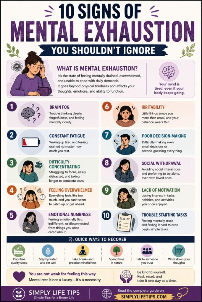 Mental Exhaustion: Signs, Causes, and Ways to Recover 5 Vertical Pinterest infographic explaining the 10 signs of mental exhaustion, including brain fog, constant fatigue, emotional numbness, poor concentration, social withdrawal, and practical recovery tips.