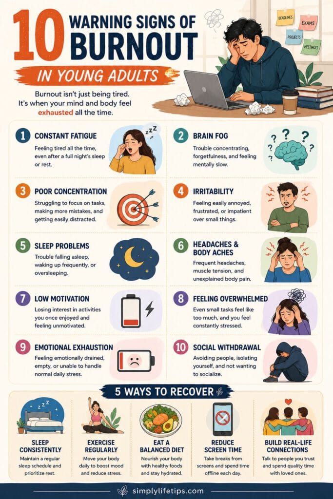 Infographic showing the 10 warning signs of burnout in young adults and five practical ways to recover from chronic stress and exhaustion.