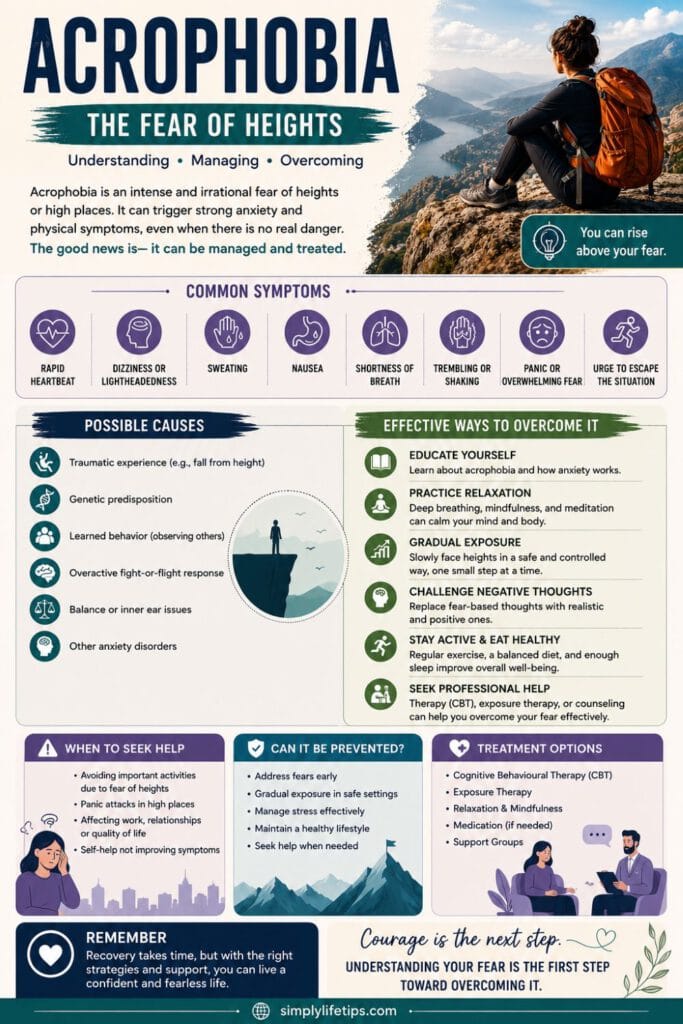 Pinterest infographic explaining 10 practical ways to overcome acrophobia or the fear of heights.