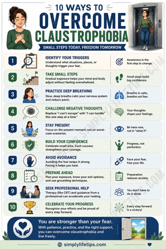 10 Ways to Overcome Claustrophobia Infographic Pinterest infographic showing 10 practical ways to overcome claustrophobia, including identifying triggers, deep breathing, gradual exposure, and seeking professional help.
