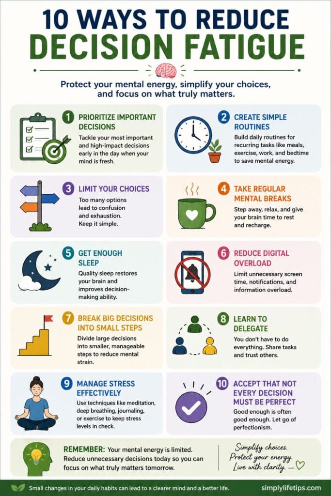 Decision Fatigue: Signs, Causes, and Simple Ways to Overcome It 6 Infographic showing 10 practical ways to reduce decision fatigue, including prioritising important decisions, creating routines, limiting choices, managing stress, and getting enough sleep.