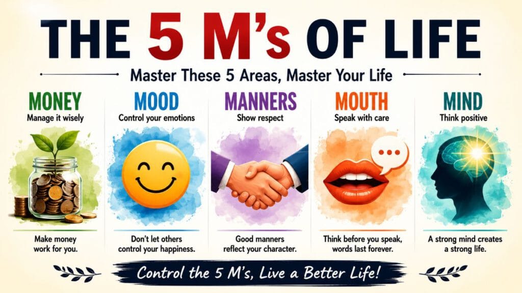 Illustration showing the 5 M's of Life—Money, Mood, Manners, Mouth, and Mind—as the key principles for a balanced and successful life.