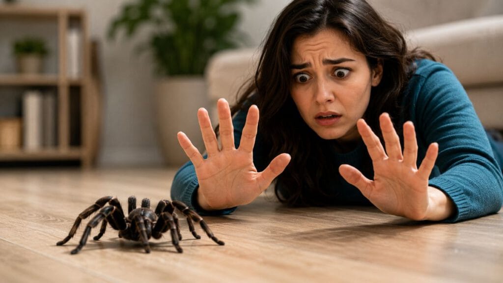 Person showing intense fear after encountering a spider, illustrating arachnophobia or fear of spiders