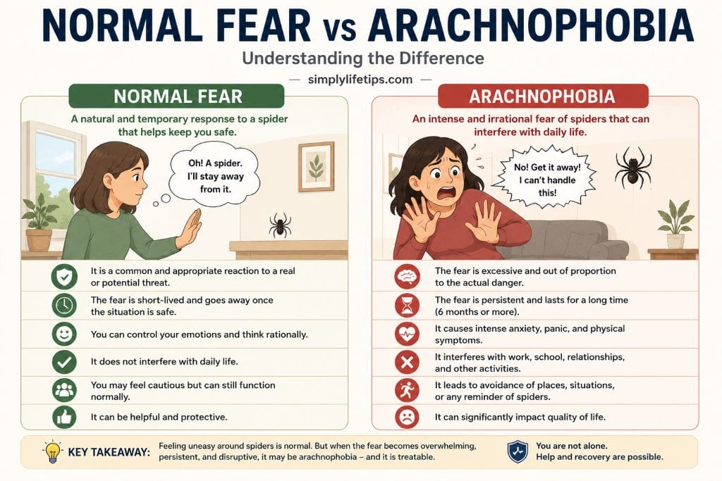 Comparison illustration showing the differences between a normal fear of spiders and arachnophobia