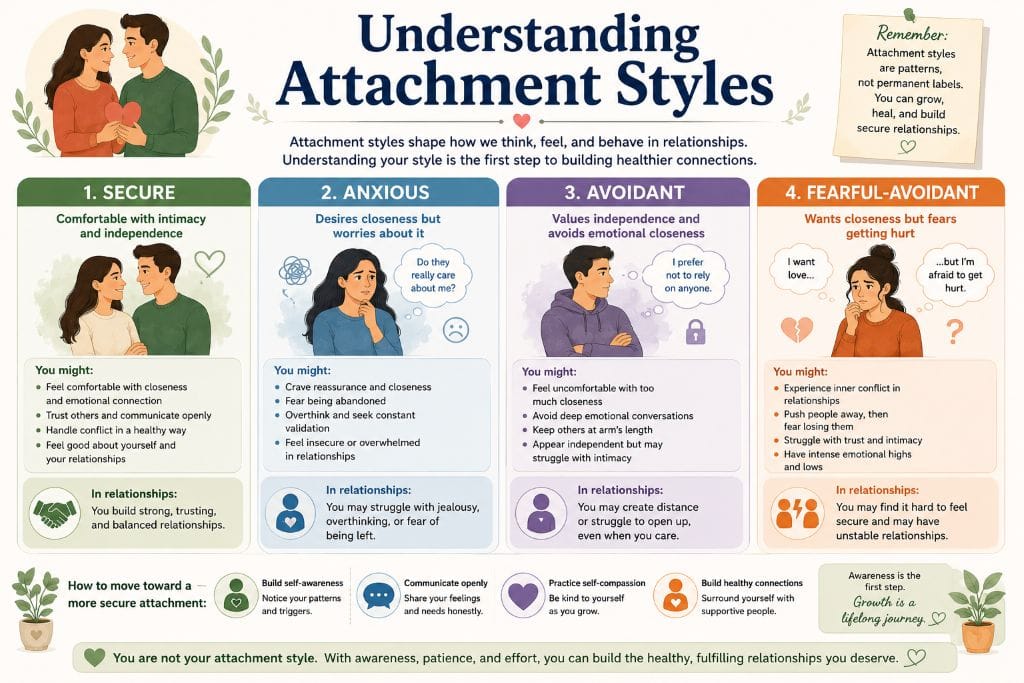 Relationship Skills: Build Healthier Connections 7 Illustration explaining the four attachment styles—secure, anxious, avoidant, and fearful-avoidant—and how they influence thoughts, emotions, and relationships.