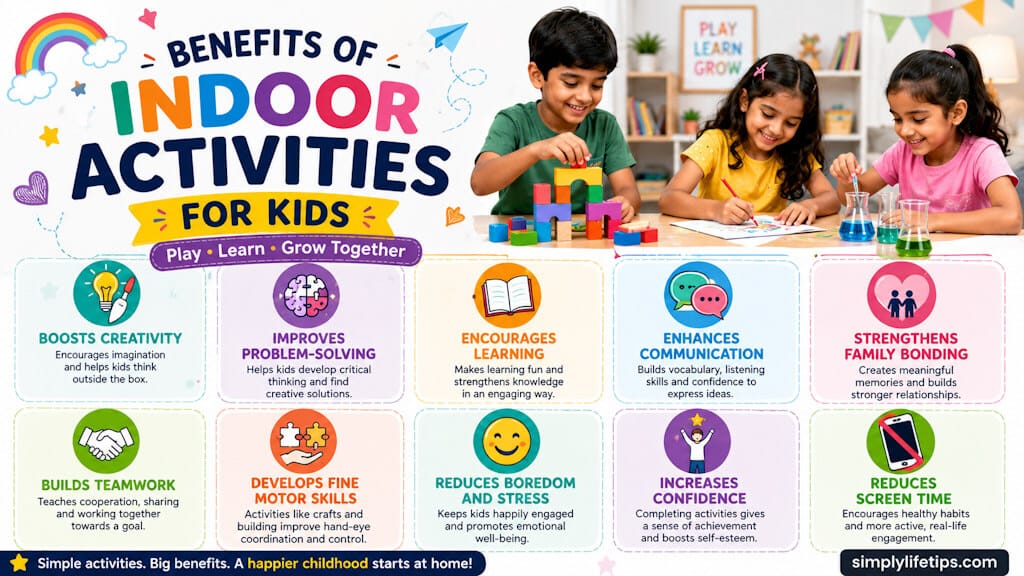 Fun Indoor Activities for Kids (Screen-Free) 4 Benefits of fun indoor activities for kids including creativity, learning, and family bonding.
