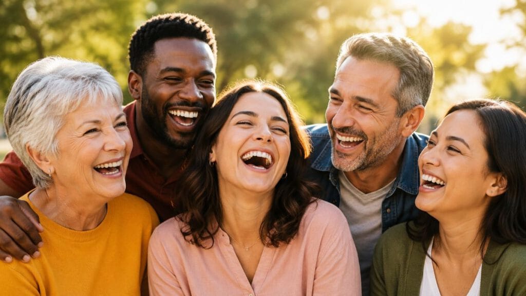 A diverse group of adults laughing together outdoors, highlighting the physical, mental, and social benefits of laughter.