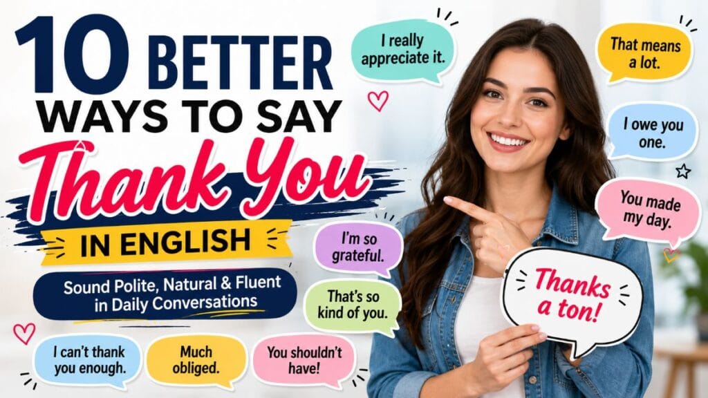 Colorful featured image showing 10 better ways to say thank you in English with common alternatives for daily conversations.