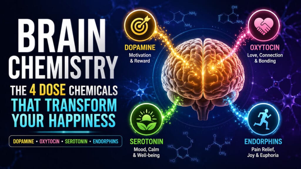 Brain chemistry illustration showing dopamine, oxytocin, serotonin, and endorphins that naturally improve happiness, motivation, and emotional well-being.