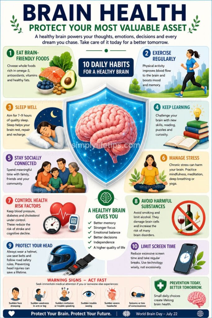 Brain Health: Protect Your Most Valuable Asset 5 Brain health infographic showing 10 daily habits to keep your brain healthy, prevent stroke, improve memory, and support lifelong cognitive wellness.