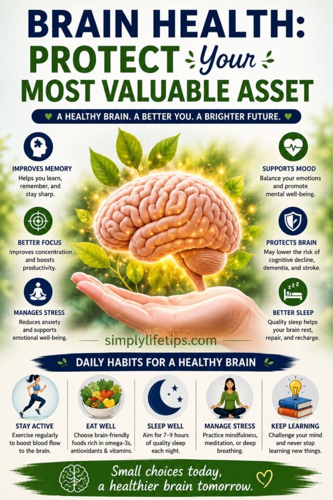 Brain Health: Protect Your Most Valuable Asset 8 Pinterest pin about brain health showing healthy habits that improve memory, focus, sleep, and overall brain function.