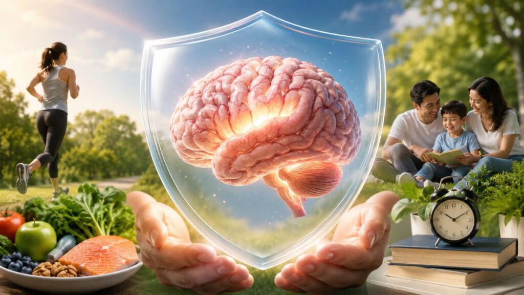 Brain Health - human brain protected by healthy lifestyle choices including exercise, nutritious food, quality sleep, learning, and family support.