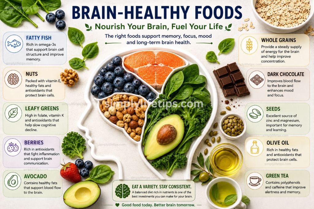 Brain Health: Protect Your Most Valuable Asset 4 Brain-healthy foods including salmon, leafy greens, berries, nuts, avocado, seeds, olive oil, whole grains, and green tea that support memory and cognitive health.