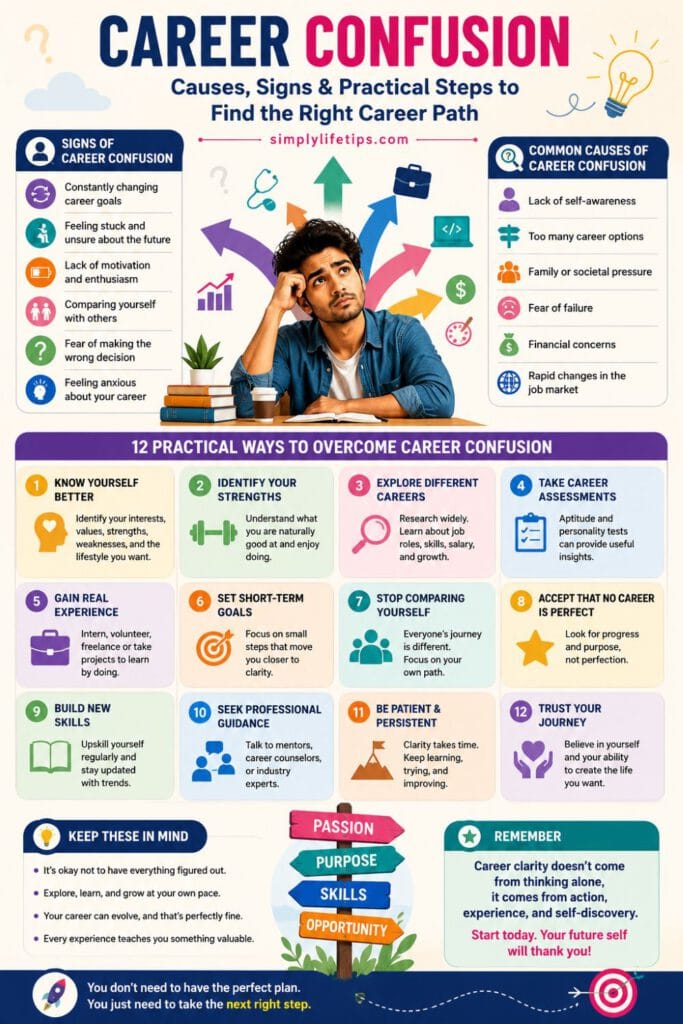 Career confusion infographic showing common causes, warning signs, and practical steps to choose the right career path with confidence.