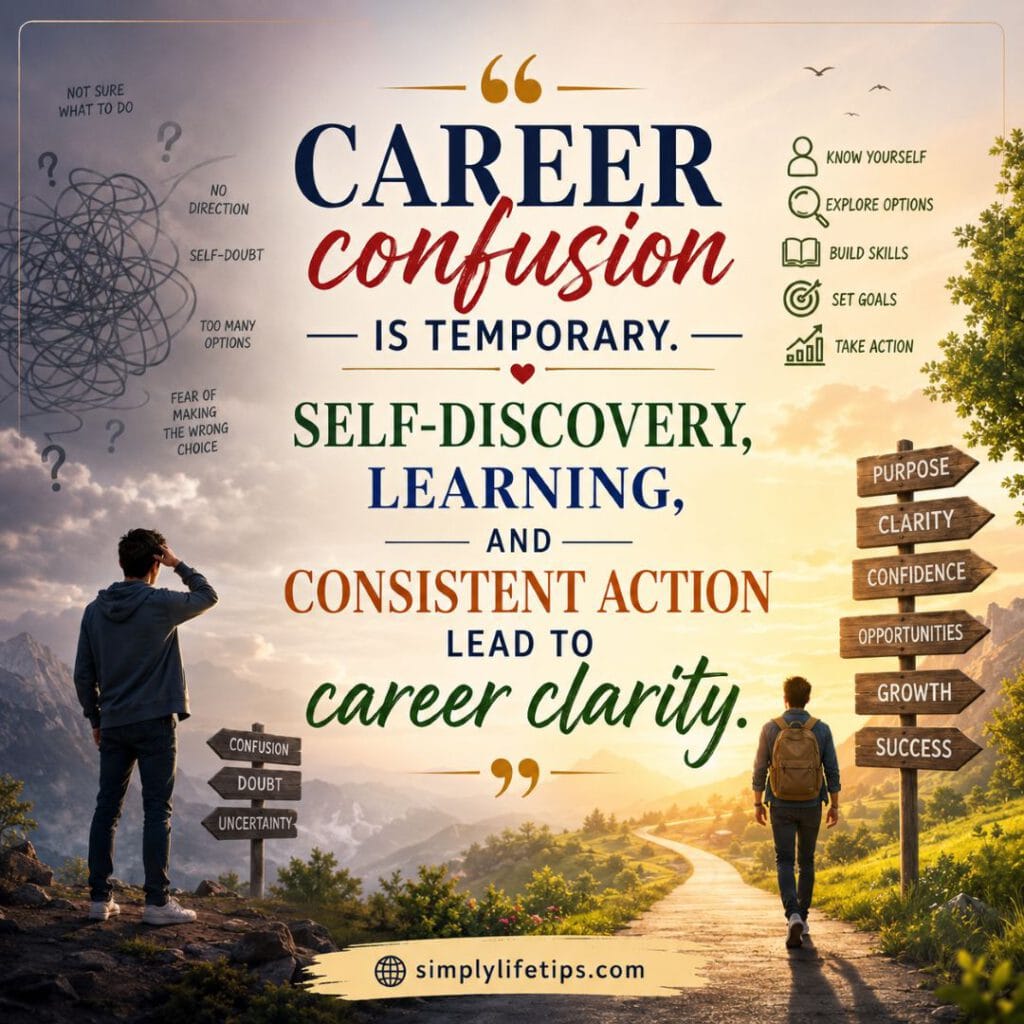 Motivational quote image about overcoming career confusion through self-discovery, learning, and consistent action.