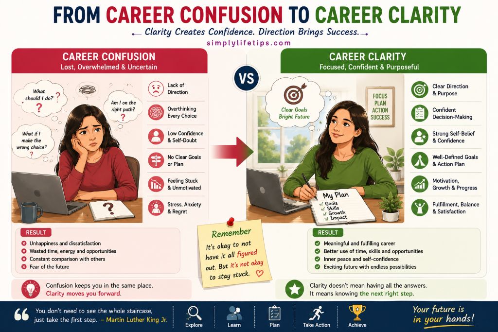 Comparison illustration showing the transformation from career confusion to career clarity through self-discovery, planning, confidence, and goal setting.
