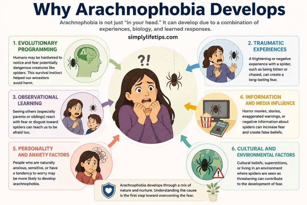 Illustration showing the common causes and risk factors that contribute to the development of arachnophobia