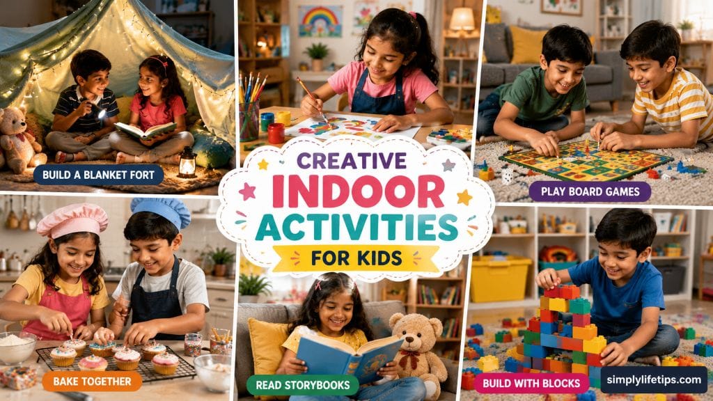 Fun Indoor Activities for Kids (Screen-Free) 3 Children enjoying creative indoor activities at home without screens.