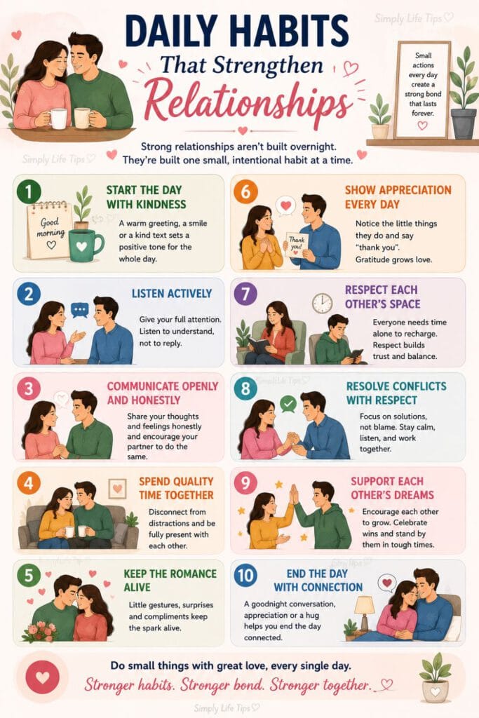 Relationship Skills: Build Healthier Connections 10 Infographic showing daily habits that strengthen relationships, including kindness, active listening, honest communication, quality time, appreciation, respect, and conflict resolution.