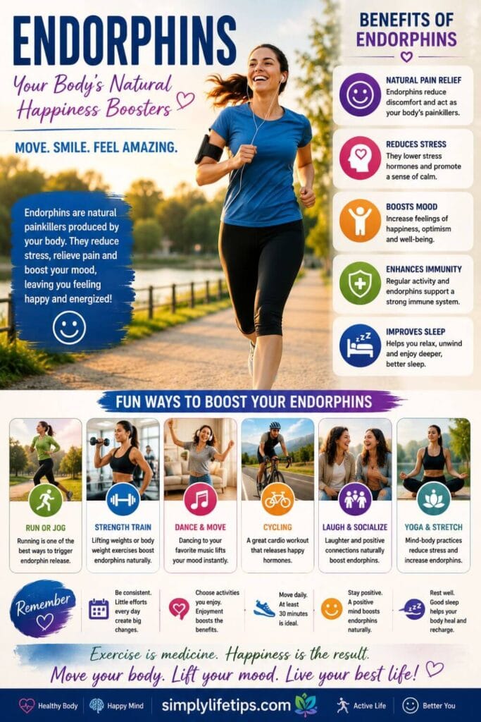 Brain Chemistry: The 4 DOSE Chemicals 7 Endorphins exercise infographic showing natural ways to boost happiness, reduce stress, relieve pain, and improve mood through physical activity.