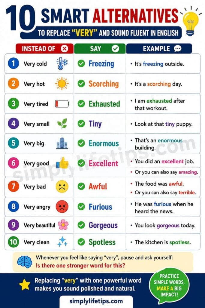 Infographic showing 10 strong English vocabulary words to replace very with examples