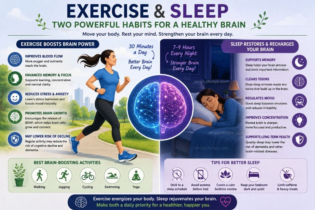 Brain Health: Protect Your Most Valuable Asset 3 Illustration showing regular exercise and quality sleep as essential habits for improving brain health, memory, focus, and cognitive function.