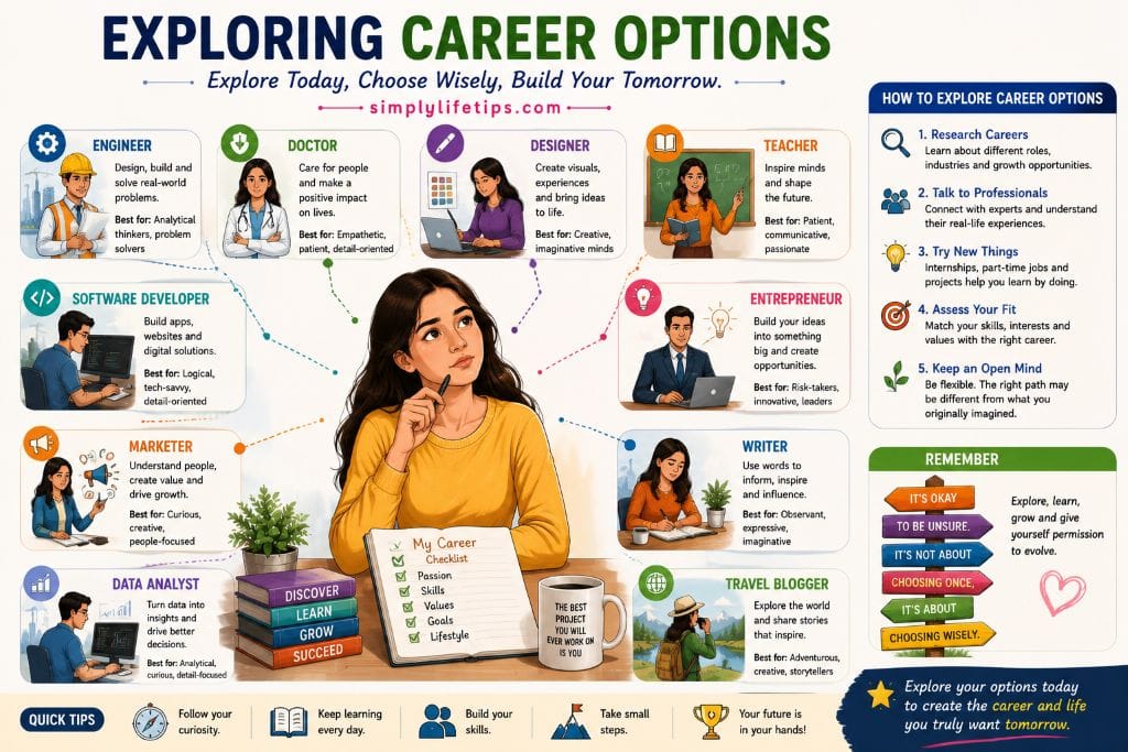 Young professional exploring different career options including engineer, doctor, designer, teacher, entrepreneur, software developer, writer, marketer, data analyst, and travel blogger.