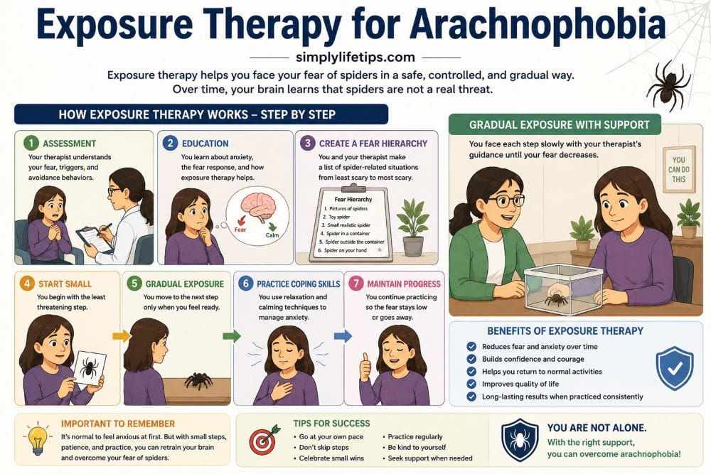 Illustration showing the step-by-step process of exposure therapy for treating arachnophobia