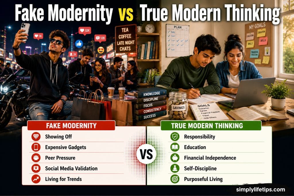 True Modern Thinking: Responsible Living Is the Real Trend 3 Comparison between fake modernity focused on trends and true modern thinking based on responsibility, education, and personal growth.