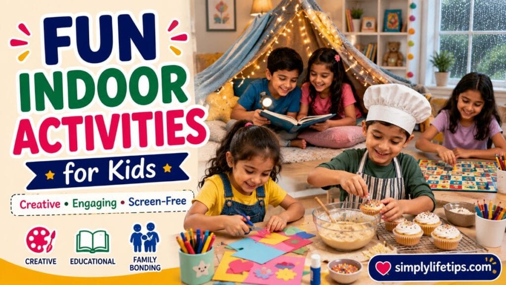 Fun Indoor Activities for Kids (Screen-Free) 7 Fun indoor activities for kids including arts and crafts, baking, reading, and educational games at home.
