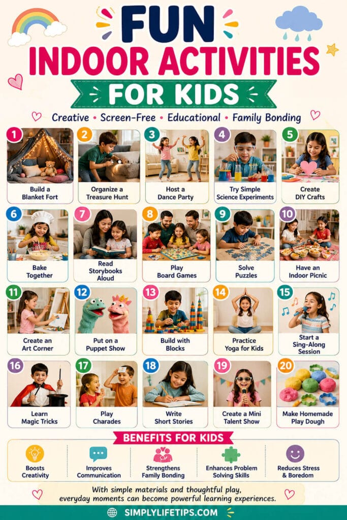 Fun Indoor Activities for Kids (Screen-Free) 5 nfographic showing fun indoor activities for kids with creative games, crafts, and educational ideas
