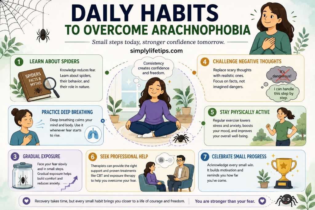 Illustration showing daily habits and coping strategies to overcome arachnophobia and reduce the fear of spiders
