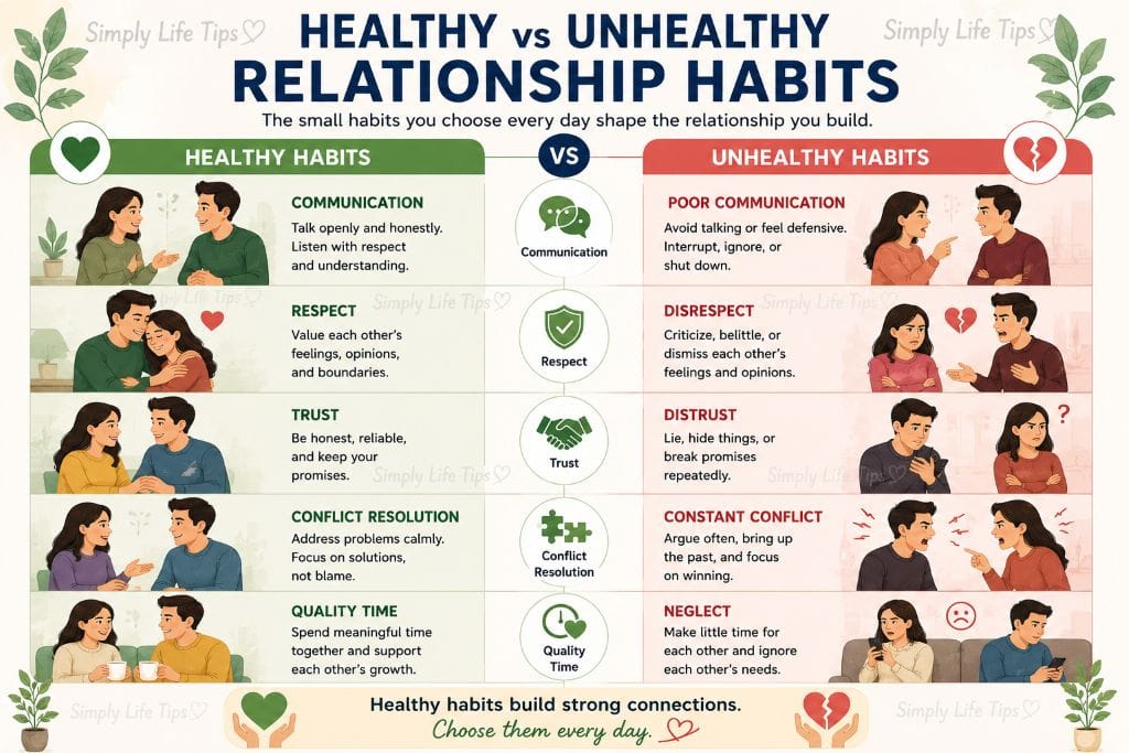 Relationship Skills: Build Healthier Connections 6 Comparison illustration showing healthy relationship habits versus unhealthy relationship habits, including communication, respect, trust, conflict resolution, and quality time.