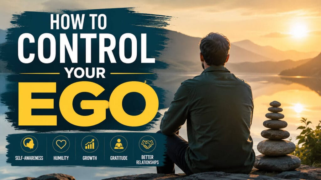 How to Control Your Ego: 5 Powerful Habits 1 How to Control Your Ego featured image showing a person reflecting by a peaceful lake, symbolizing humility, self-awareness, gratitude, and personal growth.