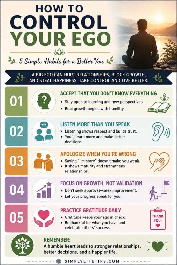 How to Control Your Ego: 5 Powerful Habits 3 Pinterest infographic explaining how to control your ego with five simple habits including humility, active listening, apologizing, focusing on growth, and practicing gratitude.