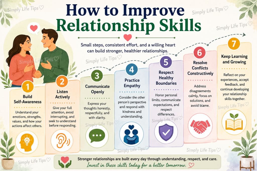 Relationship Skills: Build Healthier Connections 5 Illustration showing seven practical steps to improve relationship skills, including self-awareness, active listening, communication, empathy, healthy boundaries, conflict resolution, and continuous learning.