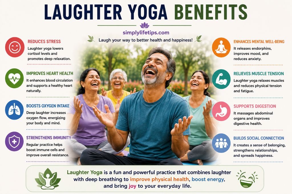 Group of adults practicing laughter yoga in a park, showing the physical and mental health benefits of laughter yoga through breathing exercises and joyful laughter.