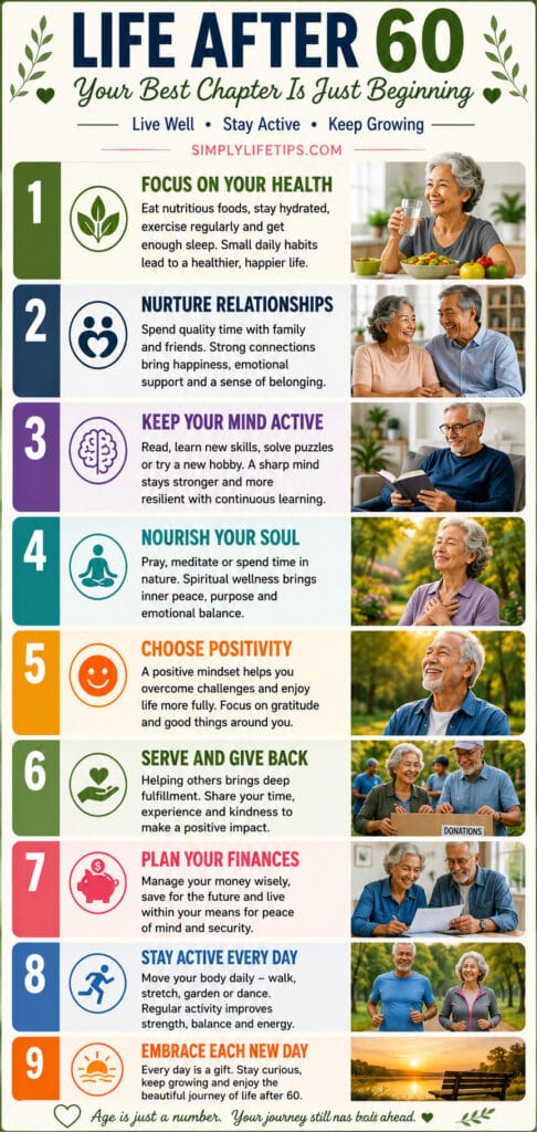 Life After 60 infographic with healthy aging tips, mental wellness advice, active lifestyle habits, and inspirational guidance for seniors.