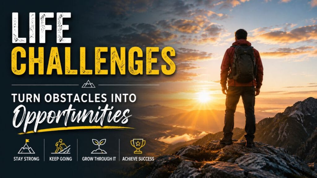 Life challenges inspire personal growth as a person stands on a mountain at sunrise, symbolizing resilience, perseverance, and success.