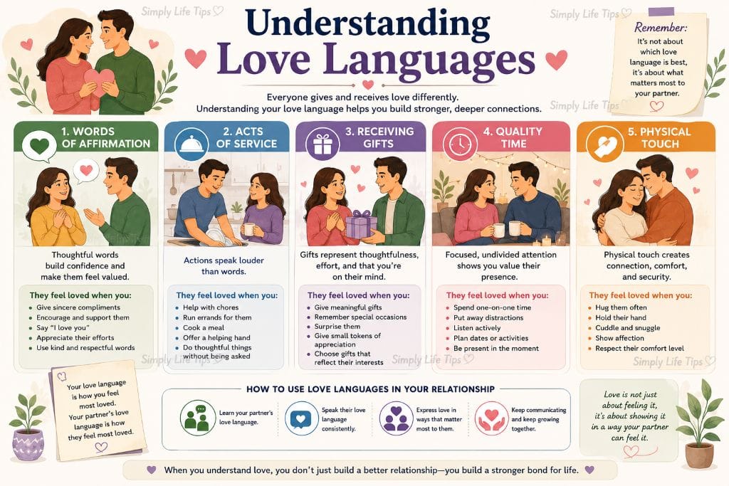 Relationship Skills: Build Healthier Connections 8 Illustration explaining the five love languages: words of affirmation, acts of service, receiving gifts, quality time, and physical touch.