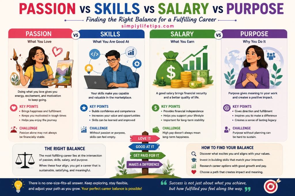 Comparison illustration showing passion, skills, salary, and purpose to help choose the right career path and overcome career confusion.
