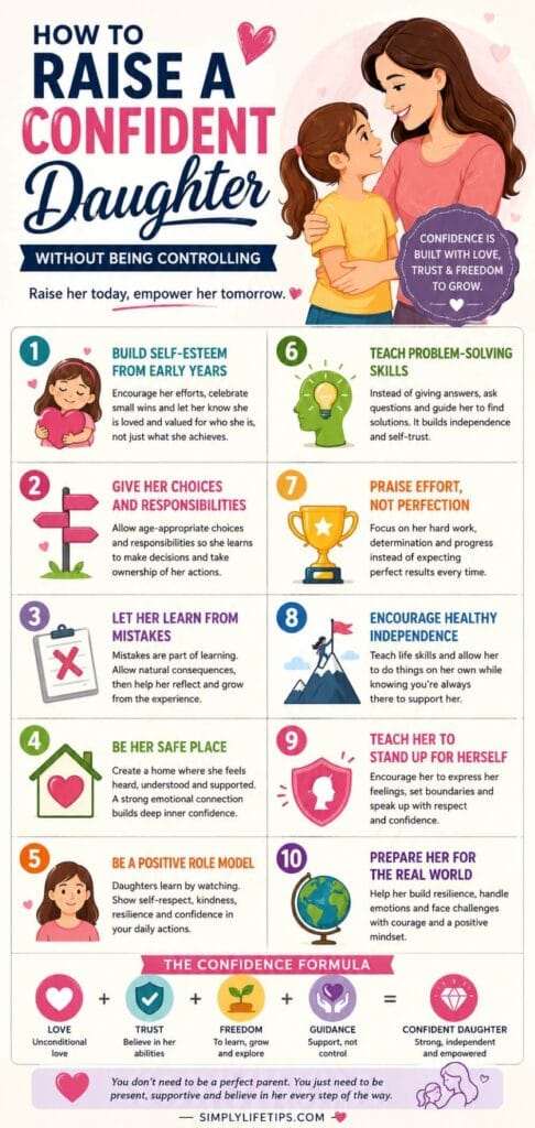 Raise a Confident Daughter Naturally 3 Infographic showing practical parenting tips to raise a confident daughter through trust, independence, resilience, and positive guidance instead of control.
