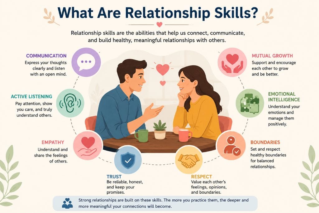 Relationship Skills: Build Healthier Connections 3 Illustration showing two people communicating with icons representing communication, empathy, trust, respect, active listening, emotional intelligence, and healthy boundaries.