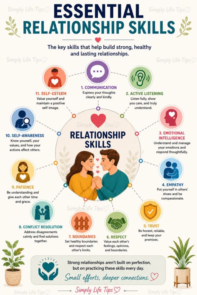 Relationship Skills: Build Healthier Connections 4 Infographic illustrating the essential relationship skills including communication, active listening, emotional intelligence, empathy, trust, respect, healthy boundaries, conflict resolution, patience, self-awareness, and self-esteem.
