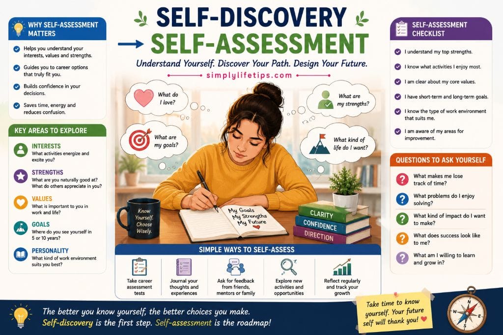 Self-discovery and self-assessment illustration helping individuals identify strengths, interests, values, and career goals to overcome career confusion.